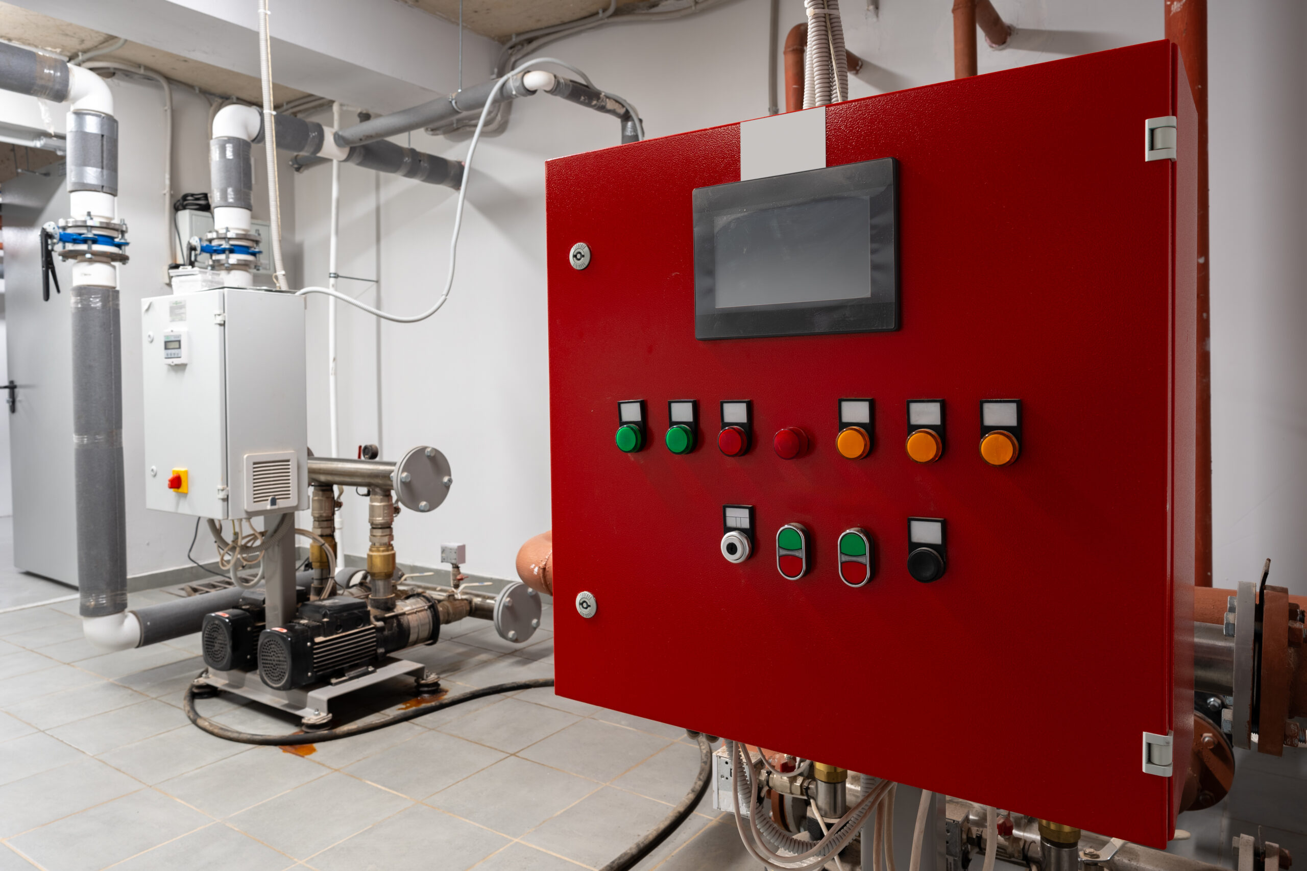 Services control panel and equipment in a mechanical room focused on heating and water management systems